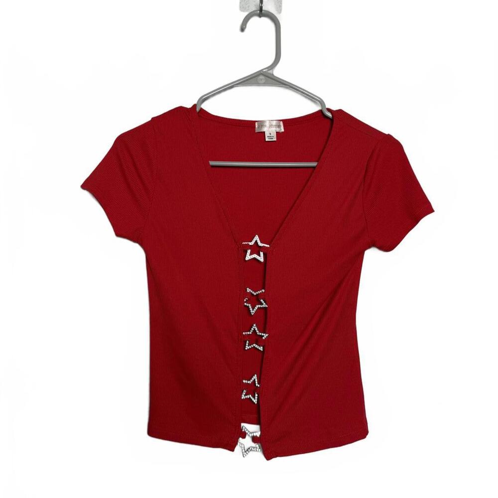 Red Short Sleeve Top with Star Rhinestone Buttons Size Small - Picture 2 of 4